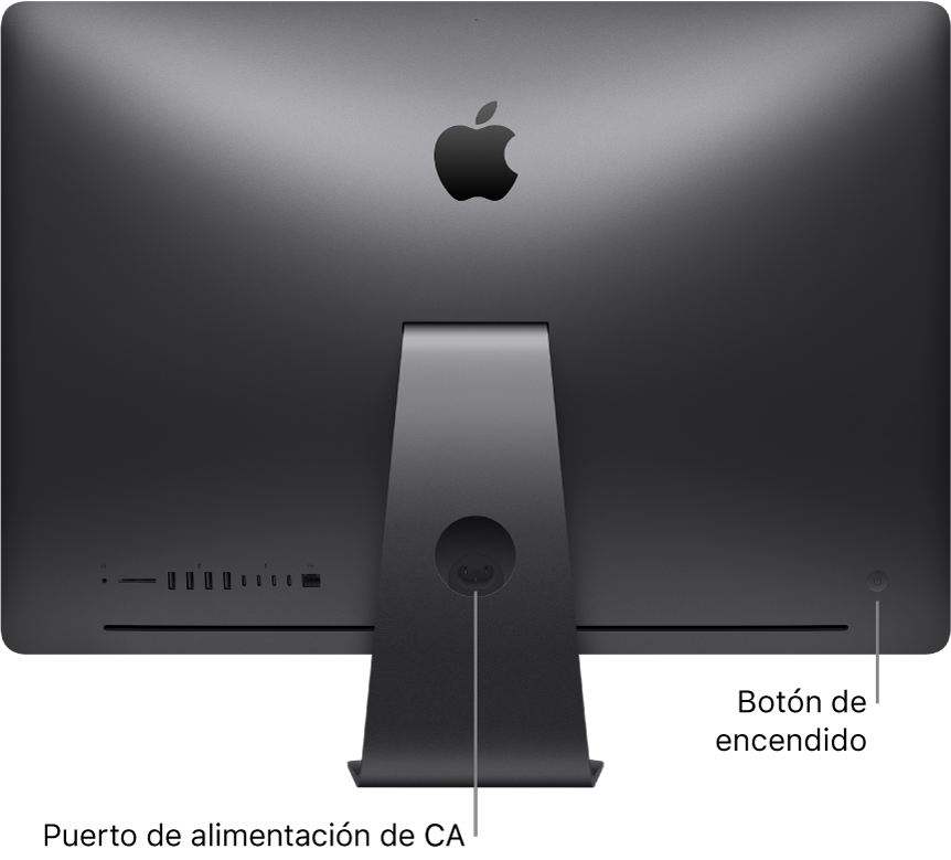 Vista trasera de un iMac Pro donde se muestra el puerto de alimentación de CA y el botón de arranque.
