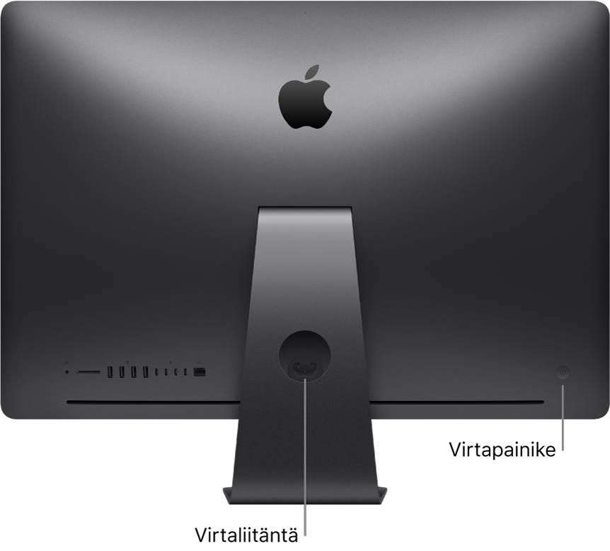 Näkymä iMac Pron taustapuolelta, jossa näkyy virtaliitin ja virtapainike.