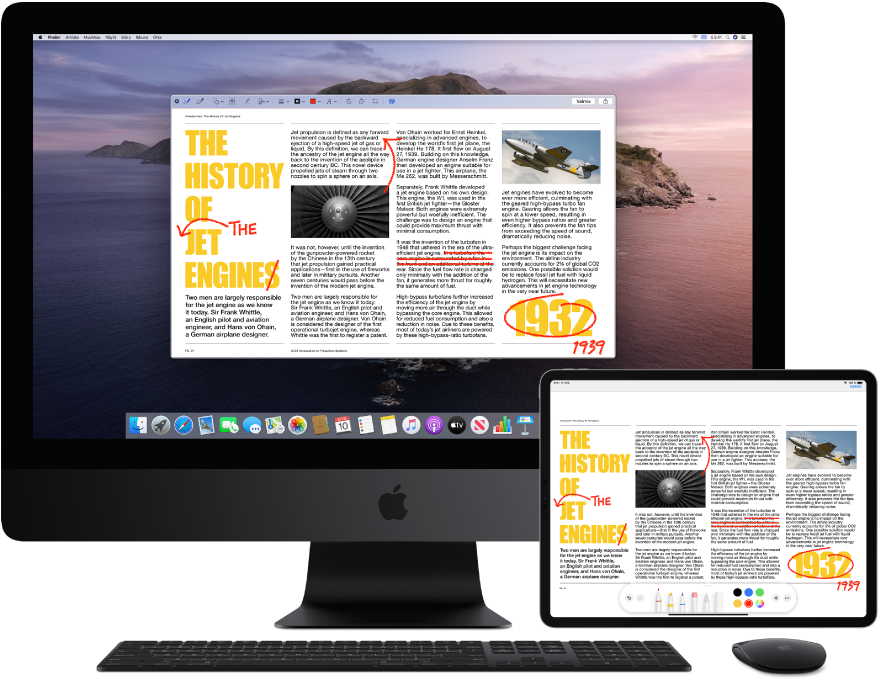 iMac Pro ja iPad ovat vierekkäin. Molemmilla näytöillä on artikkeli, johon on tehty punakynällä paljon muutoksia, kuten viivattu yli lauseita, piirretty nuolia ja lisätty sanoja. iPadin näytön alaosassa näkyy myös merkintäsäätimiä.