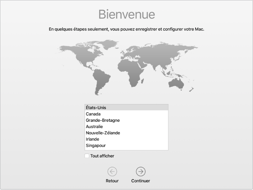 L’écran d’un Mac avec l’Assistant réglages ouvert sur l’écran de Bienvenue.