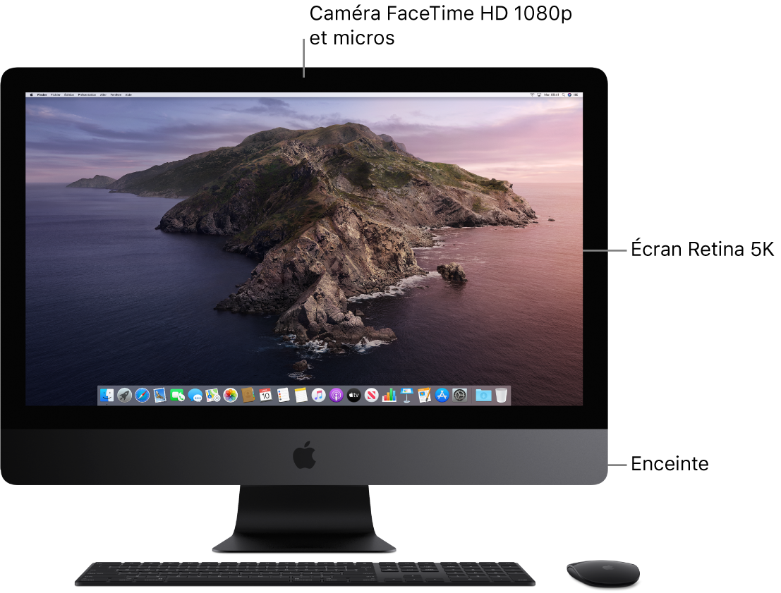 Vue frontale de l’iMac Pro avec l’écran, la caméra, les microphones et les haut-parleurs.