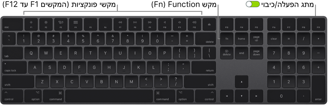 מקלדת Magic Keyboard עם מקש Function ‏(Fn) בפינה השמאלית התחתונה ומתג פעיל/כבוי בקצה הימני העליון.