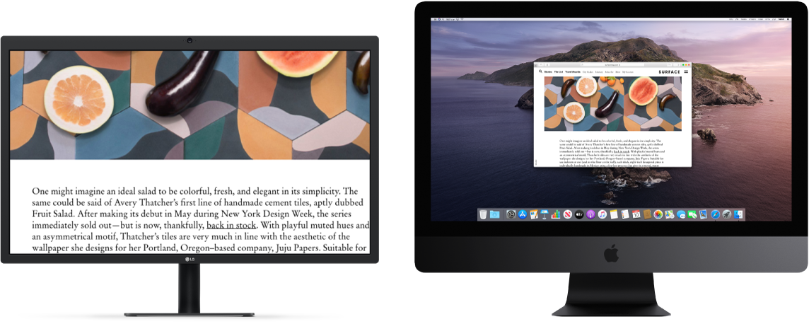  ״הגדלת התצוגה״ פעיל בצג המשני, בעוד שגודל המסך ב-iMac Pro נשאר קבוע.