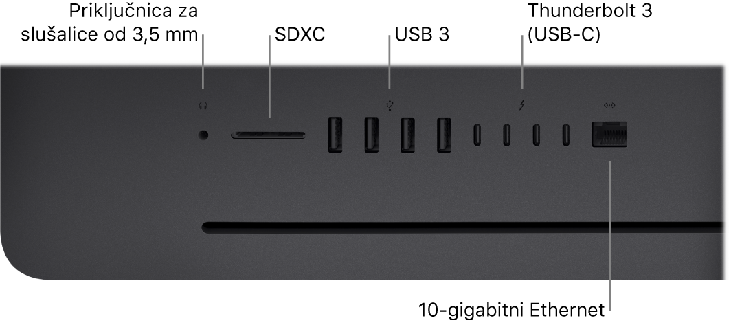 iMac Pro računalo s priključnicom od 3,5 mm za slušalice, utorom za SDXC, priključnicom USB 3, priključnicama Thunderbolt 3 (USB-C) i priključnicom za Ethernet (RJ-45).