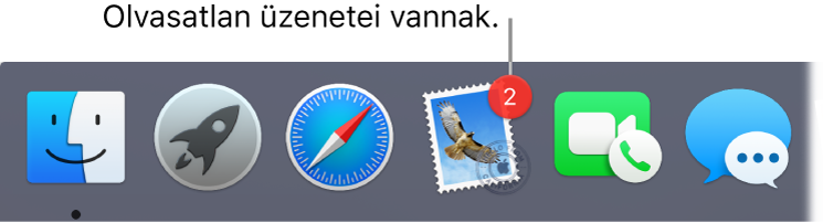 A Dock egy szakasza, amelyen a Mail alkalmazás ikonja látható az olvasatlan üzenetek számát jelölő jelvénnyel.