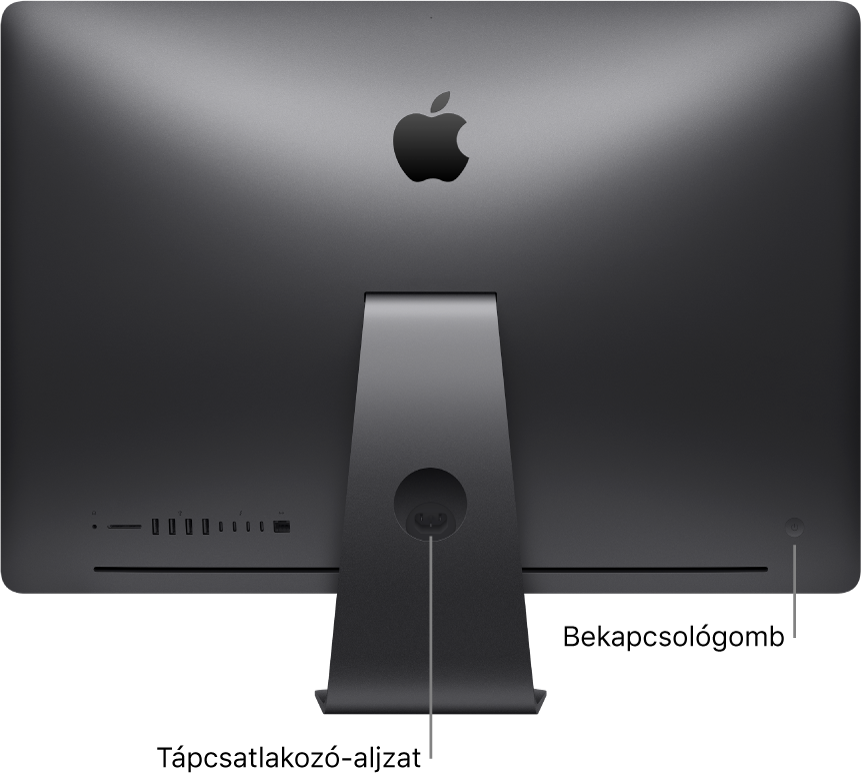 Az iMac Pro hátsó oldala, amelyen a váltóáramú tápcsatlakozó és a bekapcsológomb látható.