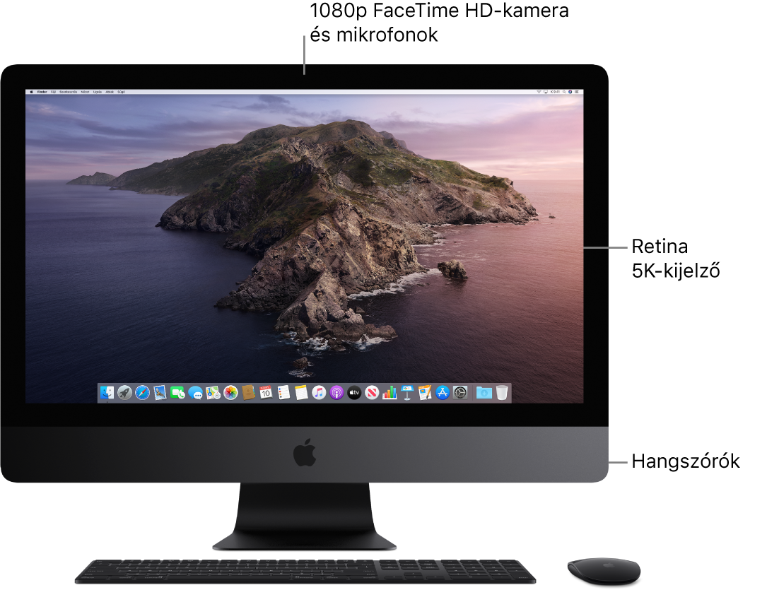 Az iMac Pro elölnézete, amelyen a kijelző, a kamera, a mikrofonok és a hangszóró látható.