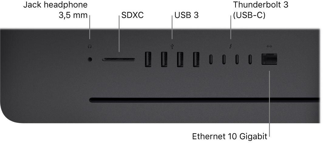 iMac Pro menampilkan jack headphone 3,5 mm, slot SDXC, port USB 3, port Thunderbolt 3 (USB-C), dan port Ethernet (RJ-45).