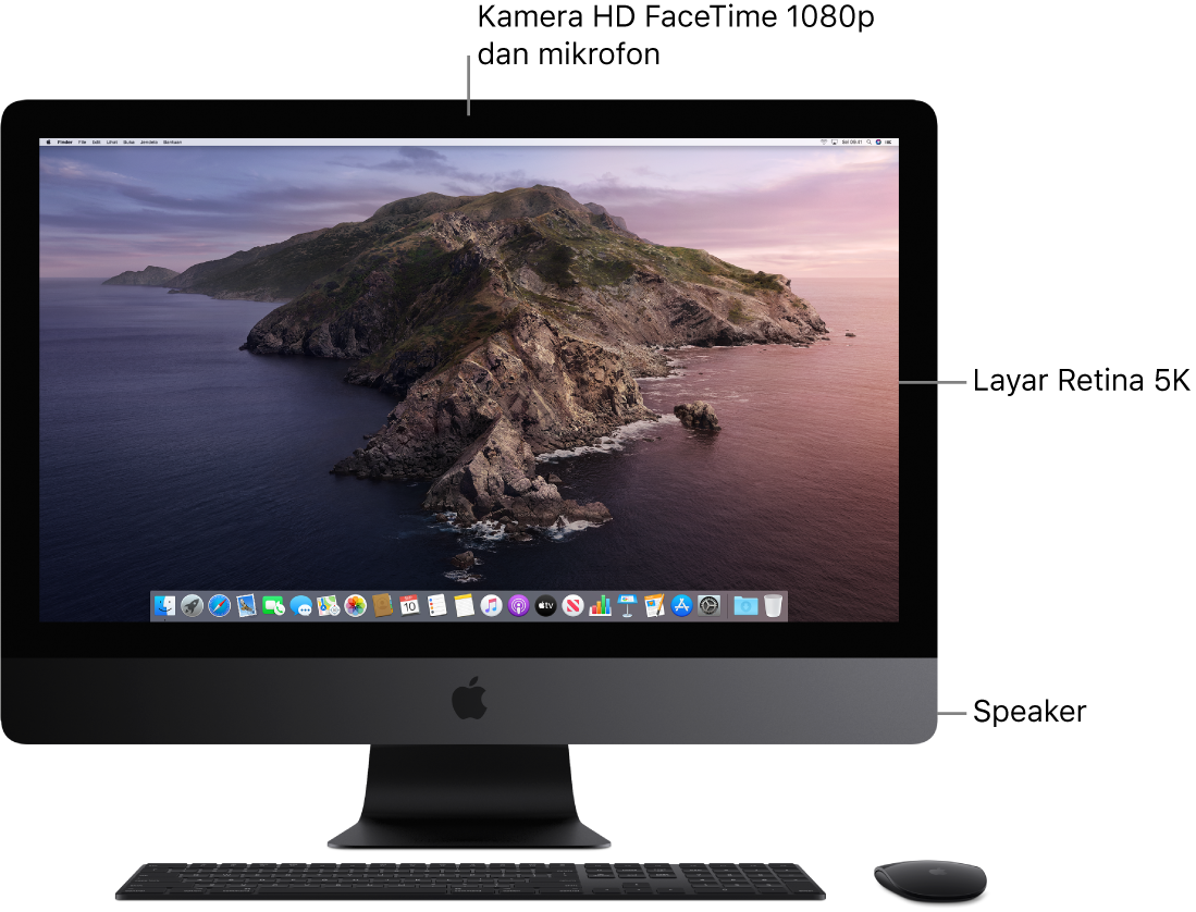 Bagian depan iMac Pro menampilkan layar, kamera, mikrofon, dan speaker.