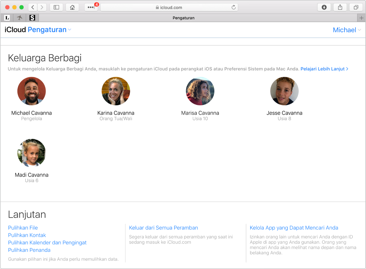 Jendela Safari menampilkan pengaturan Keluarga Berbagi di iCloud.com.