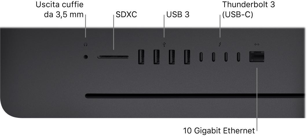 Un iMac Pro, con il jack per le cuffie da 3,5 mm, lo slot SDXC, le porte USB 3, le porte Thunderbolt 3 (USB‑C) e la porta Ethernet (RJ-45).