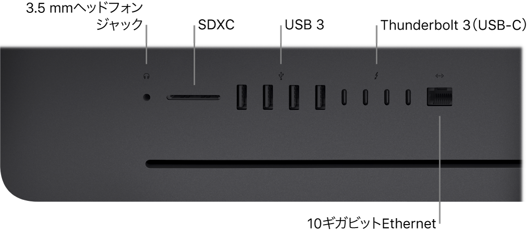 iMac Pro。3.5 mmヘッドフォンジャック、SDXCスロット、USB 3ポート、Thunderbolt 3（USB-C）ポート、Ethernet（RJ-45）ポートが示されています。