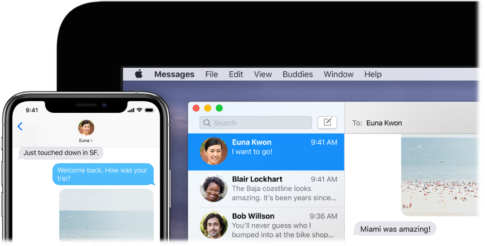 iPhone құрылғысындағы Messages қолданбасында бірдей сөйлесуді көрсетіп тұрған Mac компьютеріндегі ашық тұрған Messages қолданбасы.
