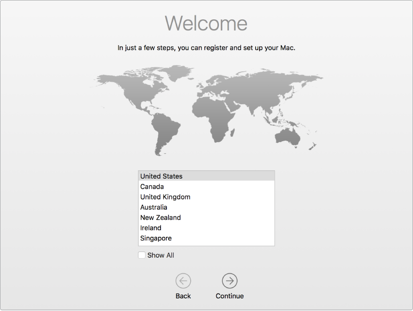 Welcome экранын көрсетіп тұрған Setup Assistant қолданбасы бар Mac экраны.