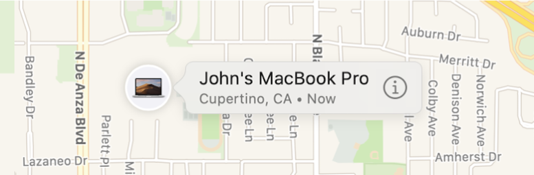 Джонның MacBook Pro компьютері үшін Info белгішесінің жақындатылған көрінісі.