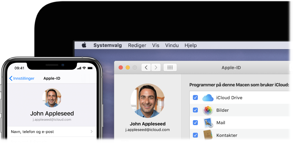 En iPhone som viser iCloud-innstillinger, og en Mac-skjerm som viser iCloud-vinduet.