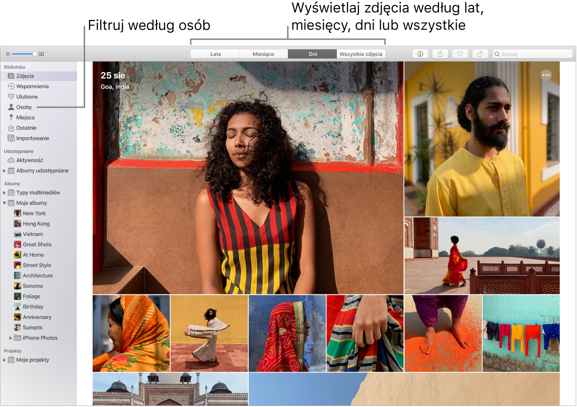 Okno aplikacji Zdjęcia pokazujące różne sposoby filtrowania zdjęć w albumie.