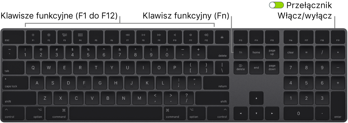Klawiatura Magic Keyboard z klawiszem Function (Fn) w lewym dolnym rogu oraz przełącznikiem zasilania w prawym górnym rogu.