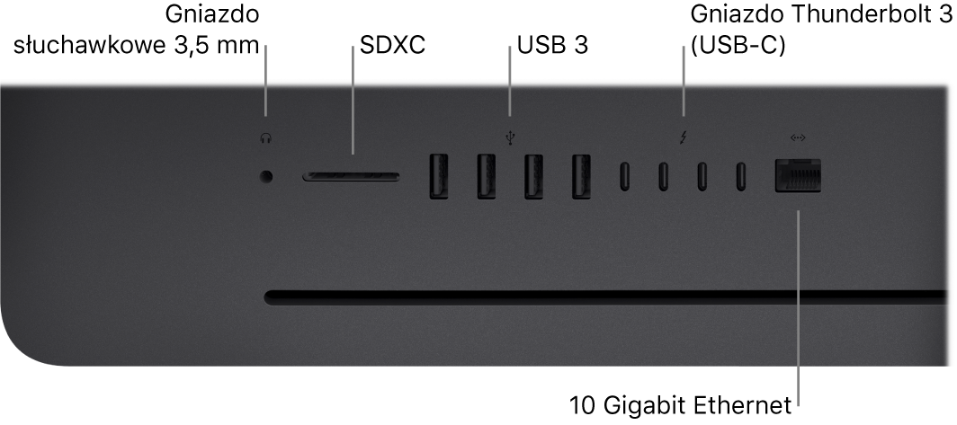 iMac Pro z pokazanym gniazdem słuchawek (3,5 mm), gniazdem SDXC, gniazdami USB 3, gniazdami Thunderbolt 3 (USB‑C) oraz gniazdem Ethernet (J-45).
