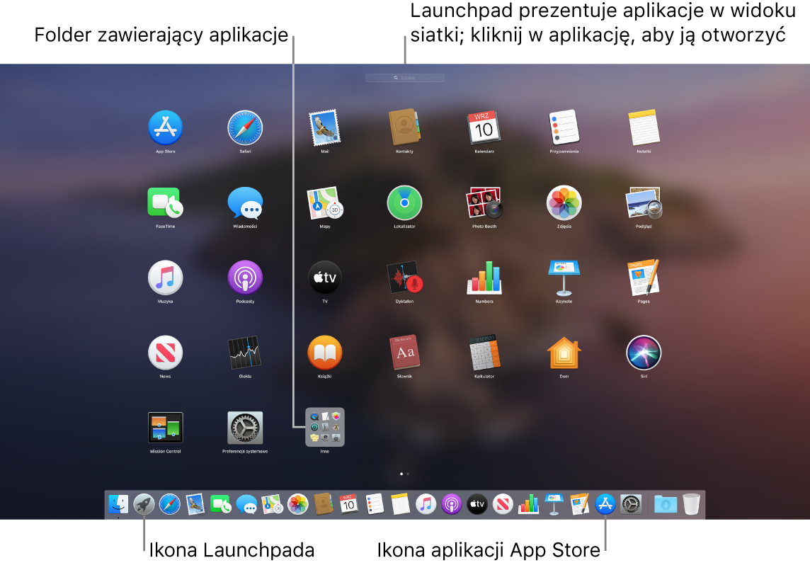 Ekran Maca z otwartym Launchpadem; folder aplikacji w Launchpadzie jest wyróżniony, a w Docku wyróżnione są również ikony Launchpada i App Store.