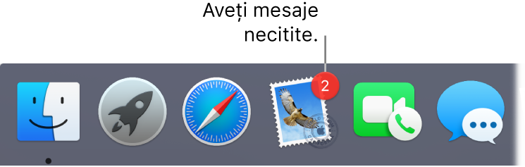 O secțiune a Dock afișând pictograma aplicației Mail, indicând numărul de mesaje necitite.