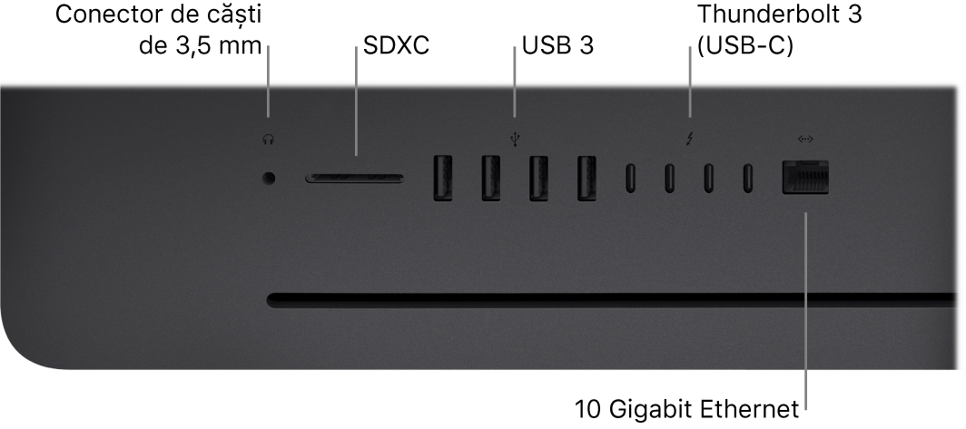 Un iMac Pro, afișând conectorul de 3,5 mm pentru căști, slotul SDXC, porturile USB 3, porturile Thunderbolt 3 (USB-C) și portul Ethernet (RJ-45).