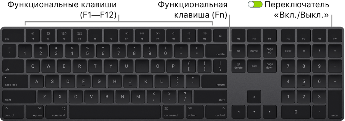 Клавиатура Magic Keyboard. Показаны клавиша Fn в левом нижнем углу и переключатель «Вкл./Выкл.» в правом верхнем углу клавиатуры.