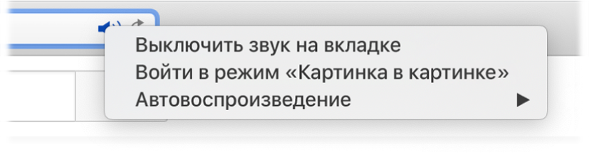 Подменю, которое открывается при нажатии значка «Аудио»: «Выключить звук на вкладке», «Войти в режим “Картинка в картинке”» и «Автовоспроизведение».