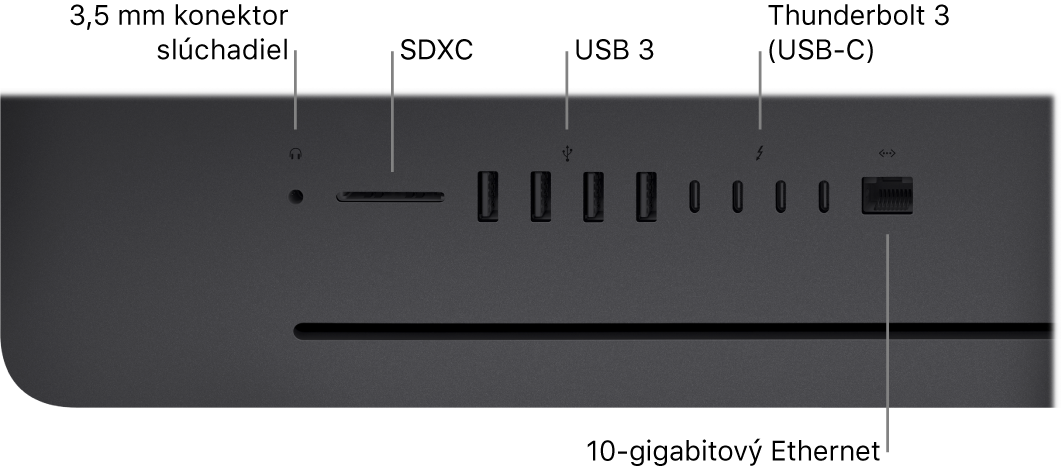 Obrázok iMacu Pro, na ktorom je vidno 3,5 mm konektor slúchadiel, slot SDXC, porty USB 3, porty Thunderbolt 3 (USB-C) a port Ethernet (RJ-45).