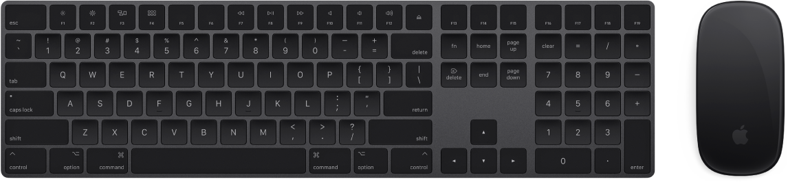 Klávesnica Magic Keyboard s numerickou klávesnicou a myš Magic Mouse 2, ktoré sa dodávajú spolu s iMacom Pro.