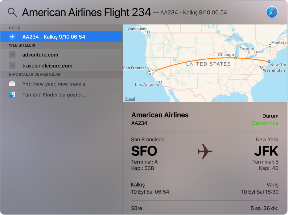 Bir harita ve aradığınız uçuşun uçuş bilgilerini gösteren Spotlight penceresi.