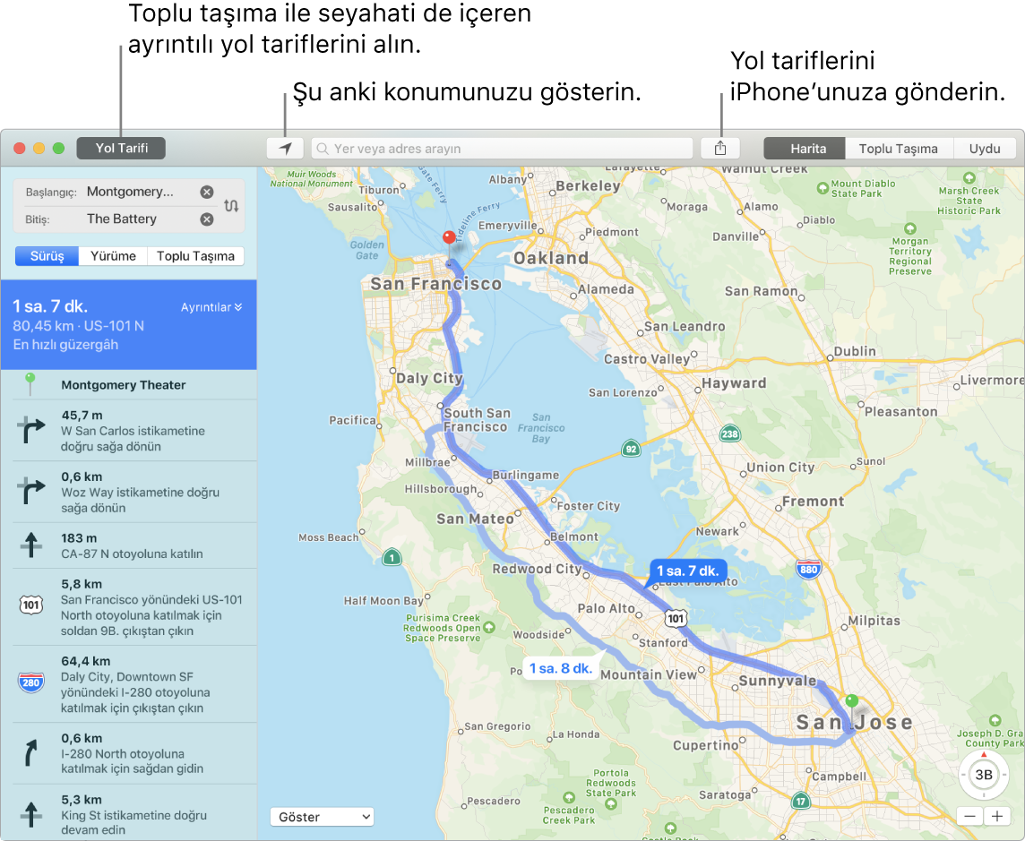 Sol üstteki Yol Tarifi’ni tıklayarak yol tarifi almayı ve Paylaş düğmesini kullanarak yol tarifini iPhone’a göndermeyi gösteren bir Harita penceresi.