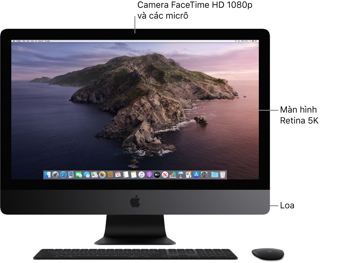 Hình ảnh mặt trước của iMac Pro, đang hiển thị màn hình, camera, micrô và loa.