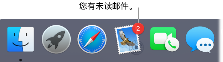 程序坞的一部分，显示包含未读邮件数量标记的“邮件” App 图标。