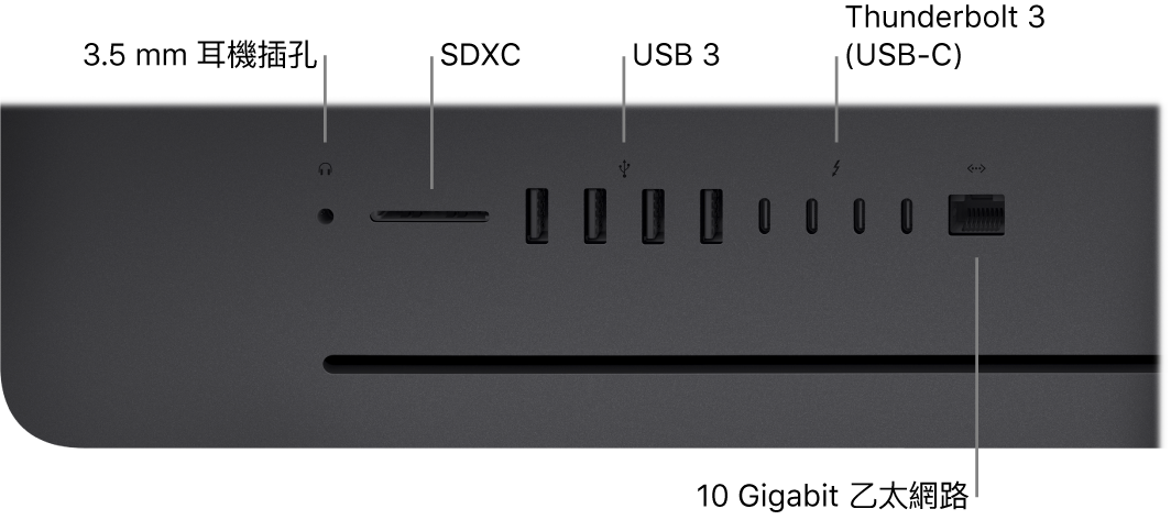 iMac Pro 背面，顯示 3.5 mm 耳機插孔、SDXC 插槽、USB 3 埠、Thunderbolt 3（USB-C）埠、乙太網路（RJ-45）埠。