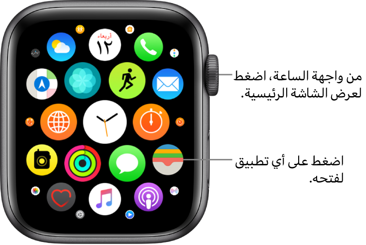 الشاشة الرئيسية في عرض المربعات في Apple Watch، حيث تبدو التطبيقات في مجموعة. اضغط على تطبيق لفتحه. اسحب لرؤية مزيد من التطبيقات.