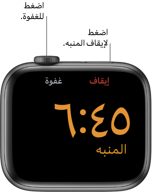 Apple Watch موضوعة على جانبها، والشاشة تظهر منبهًا قد توقف. وأسفل الـ Digital Crown الكلمة "غفوة". كلمة "إيقاف" أسفل الزر الجانبي.