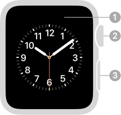 Предната част на Apple Watch Series 3 и по-ранни версии с надписи, сочещи към дисплей, коронка Digital Crown и страничен бутон.