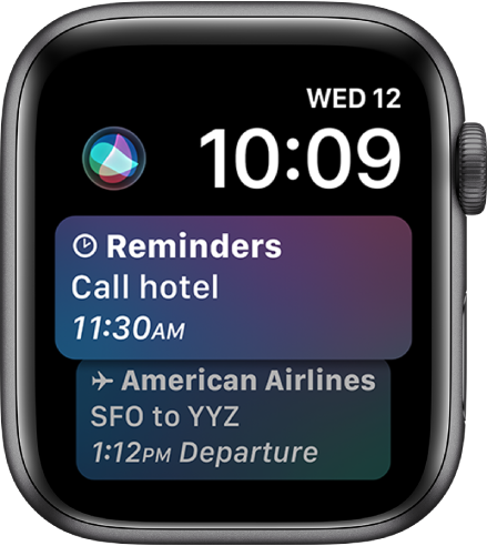 Циферблатът на часовник Siri, показващ заглавие на новина и цена на акция. Бутонът Siri е в горния ляв ъгъл на екрана.