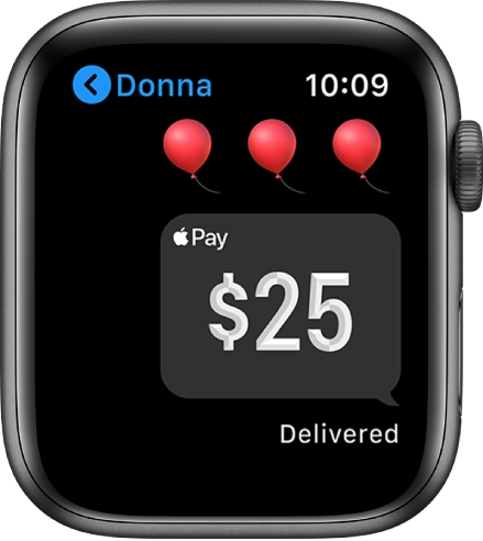 Екран за съобщения, показващ, че плащане с Apple Cash (Apple пари в брой) е било доставено.