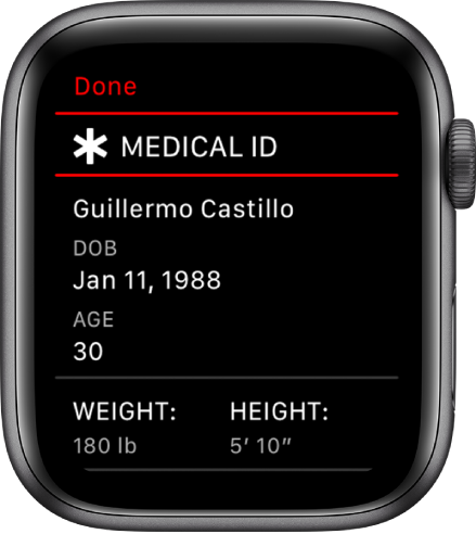 Екранът на медицинския идентификатор, показващ името, датата на раждане, теглото и ръста на потребителя.