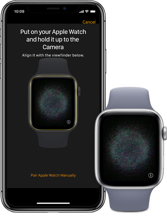 Илюстрация на сдвояване, показваща лява ръка с Apple Watch на китката и дясна ръка, държаща съответния iPhone. Екранът на iPhone показва инструкциите за сдвояване с Apple Watch, видим във визьора, а екранът на Apple Watch показва илюстрацията на сдвояването.
