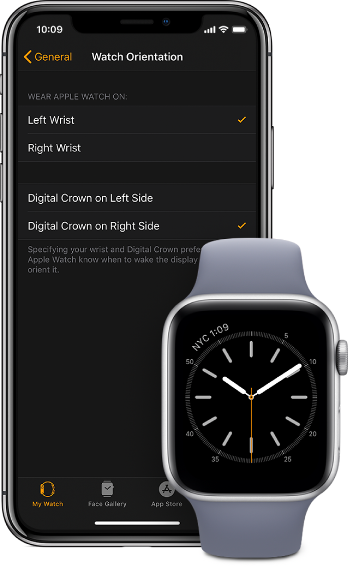 Екрани един до друг, показващи настройките за ориентация в приложението Apple Watch на iPhone и на Apple Watch. Можете да зададете настройки за китката и за коронката Digital Crown.