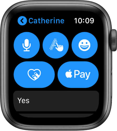 Екран на Messages (Съобщения), показващ бутон Apple Pay долу вдясно.