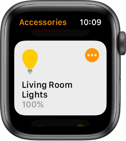 Приложението Дом, показващо аксесоар за осветление. Докоснете иконката в горния десен ъгъл на аксесоара, за да регулирате настройките му.