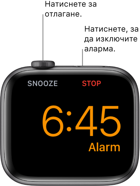 Apple Watch, поставен на една страна, екранът показва аларма, която се е включила. Под коронката Digital Crown е думата „Snooze“)(„Дрямка“). Думата „Stop“ („Стоп“) е под страничния бутон.