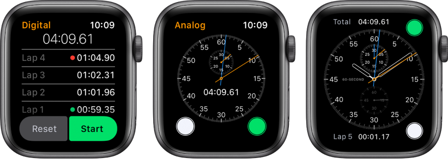 Три циферблата на часовник, показващи три типа хронометри: Цифров хронометър в приложението Stopwatch (Хронометър), аналогов хронометър в приложението и бутоните за управление на хронометъра, налични в циферблата Chronograph (Хронограф).