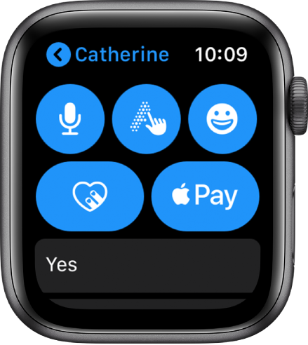 Екран за съобщения, показващ бутона Apple Pay (Apple плащане) в долния десен ъгъл.
