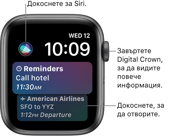 Циферблат Siri, показващ напомняне и бордна карта. В горния ляв край на екрана е бутонът Siri. Горе вдясно са датата и часът.