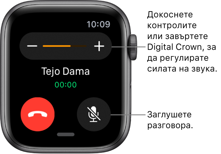 По време на входящо повикване в горния край на екран се показват символите — и + в, а бутонът за изключване на звука е долу вдясно.